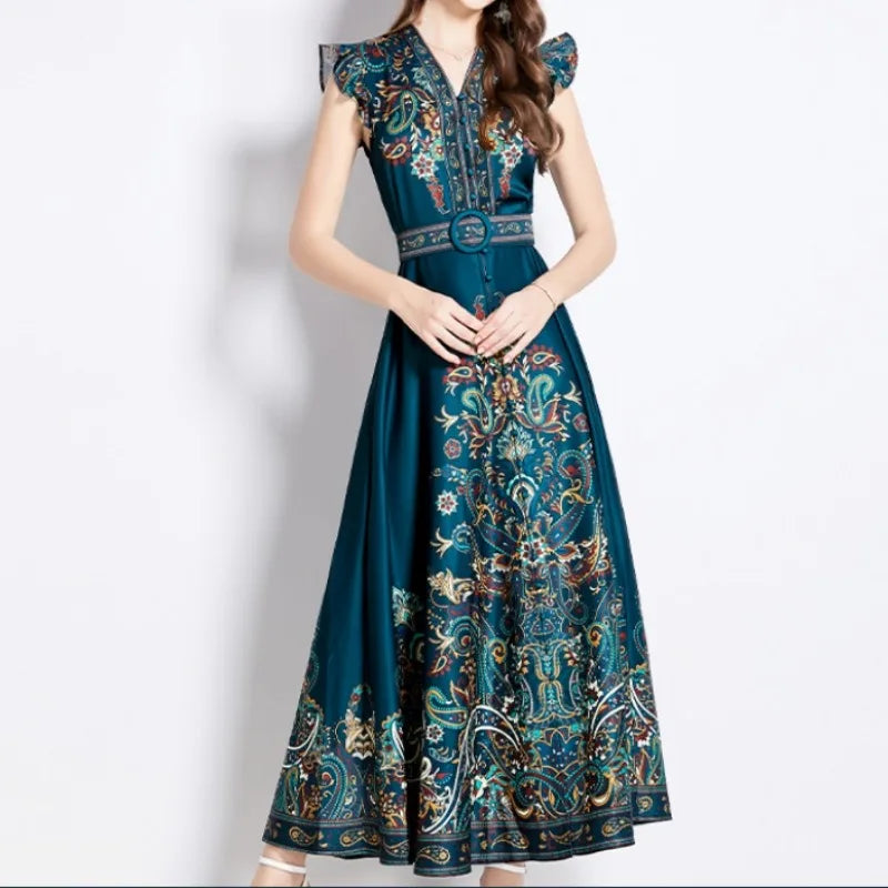 Print Flutter Sleeve V-Neck Long Dress
