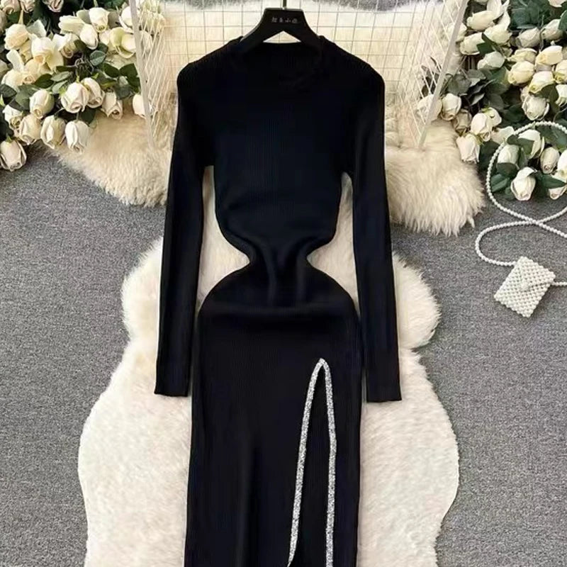 Black Rhinestone High Slit Knit Maxi Dress
