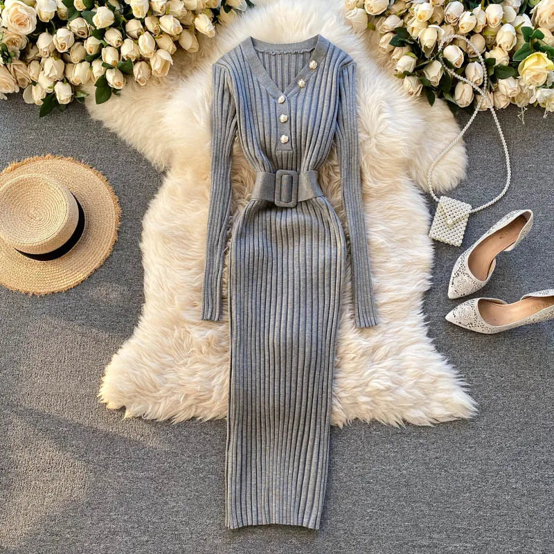 Belted V-Neck Knit Sweater Dress