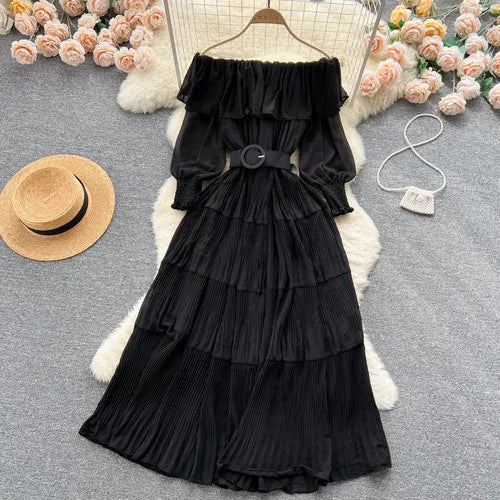 Off-Shoulder Pleated Long Sleeve Sundress