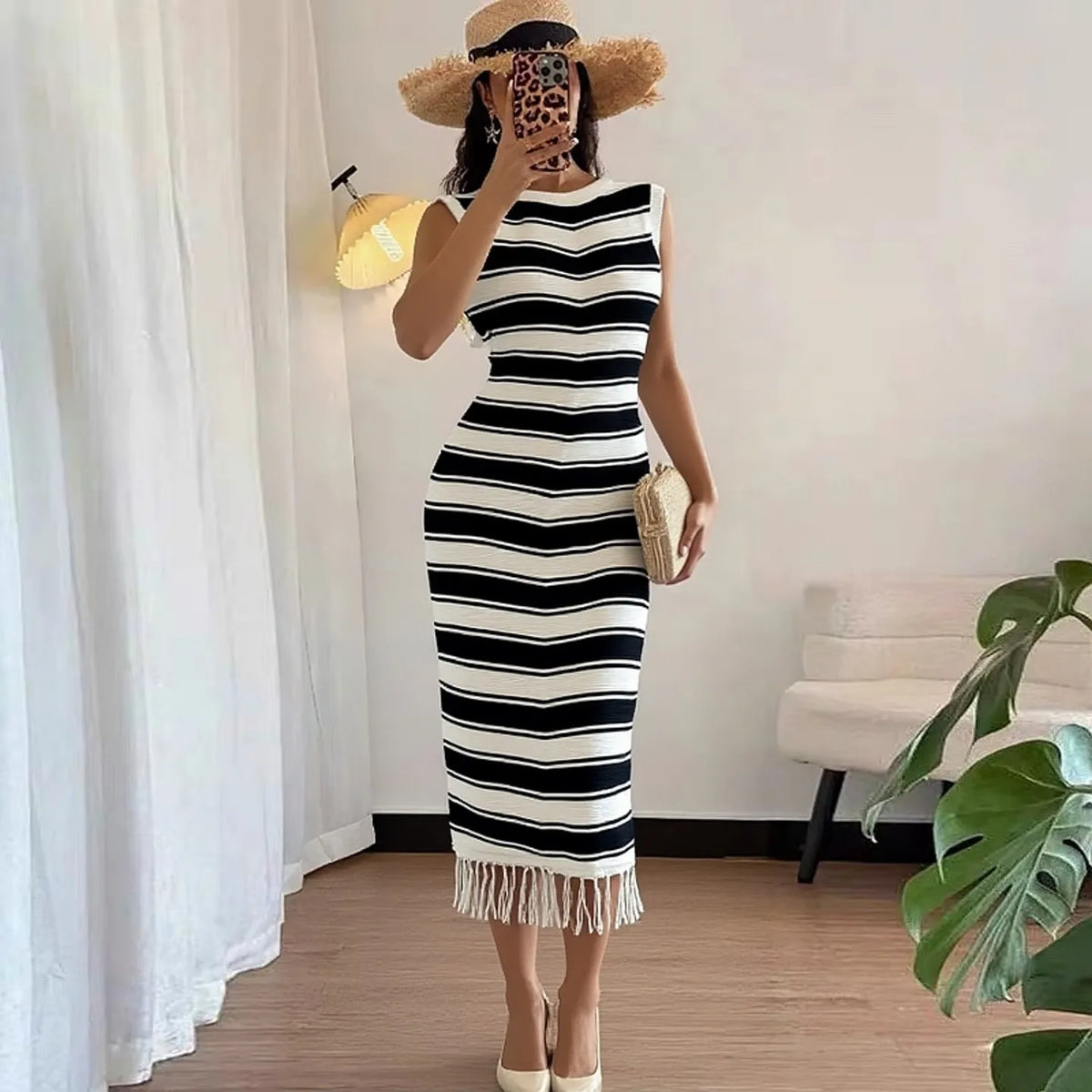 Black And White Striped Knit Bodycon Maxi Dress