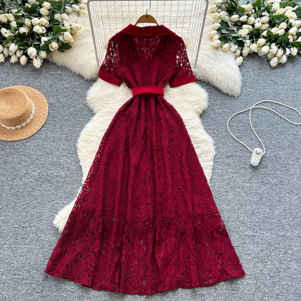 Lace Mesh Short Sleeve Evening Dress
