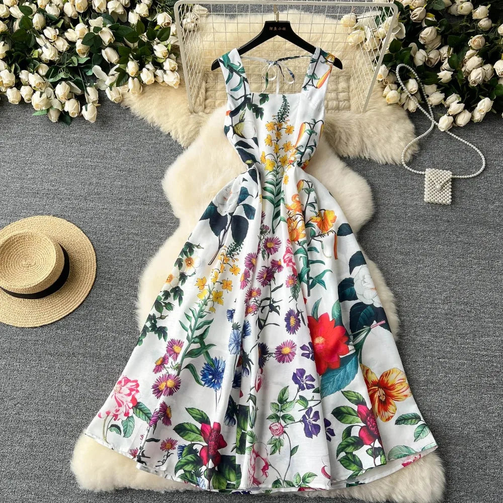 Vintage Print Square Neck A-Line Dress