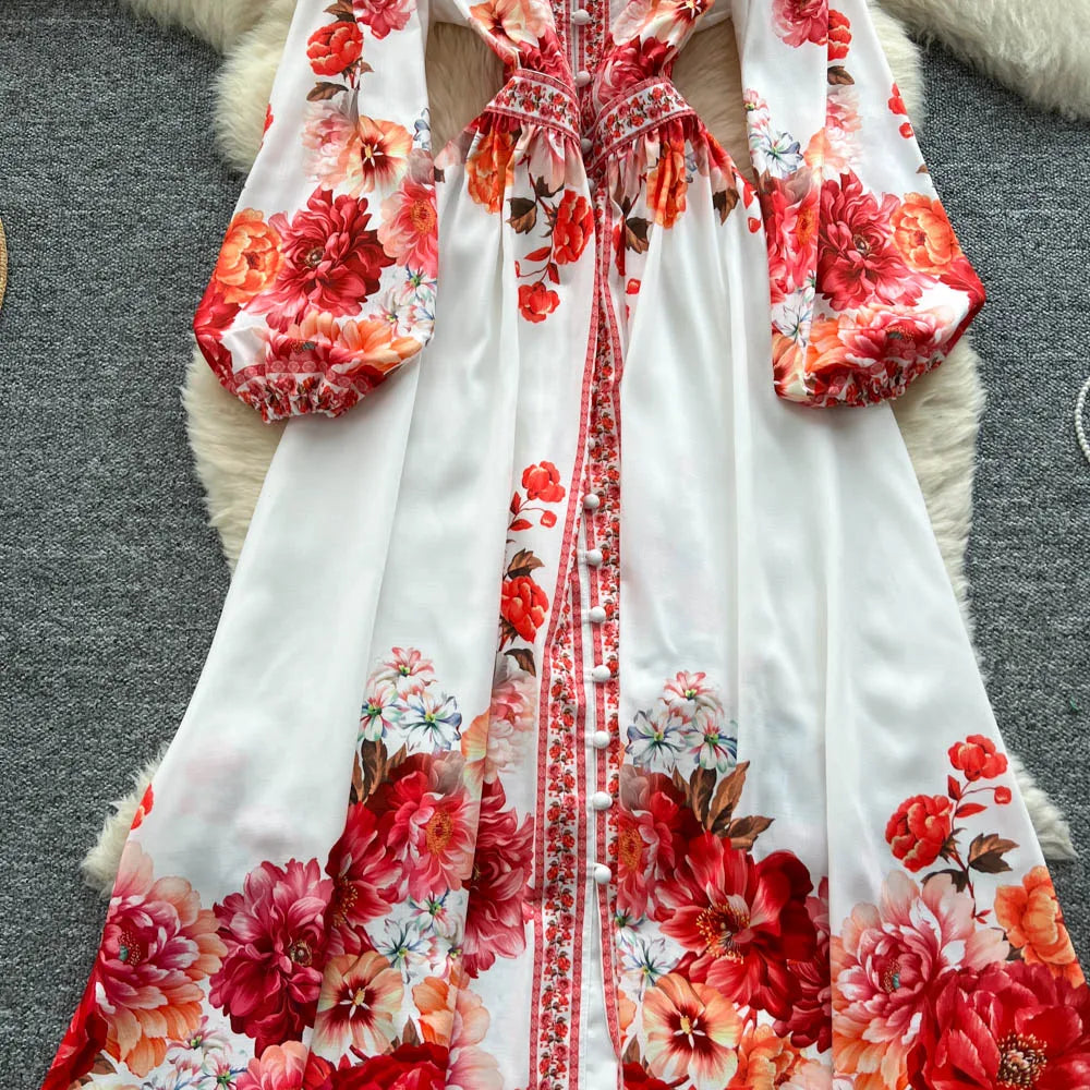 Loose Print Long Sleeve Evening Dress