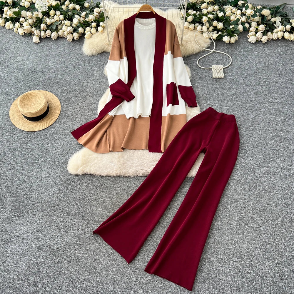 Knit Patchwork Top and Wide Leg Pants Set