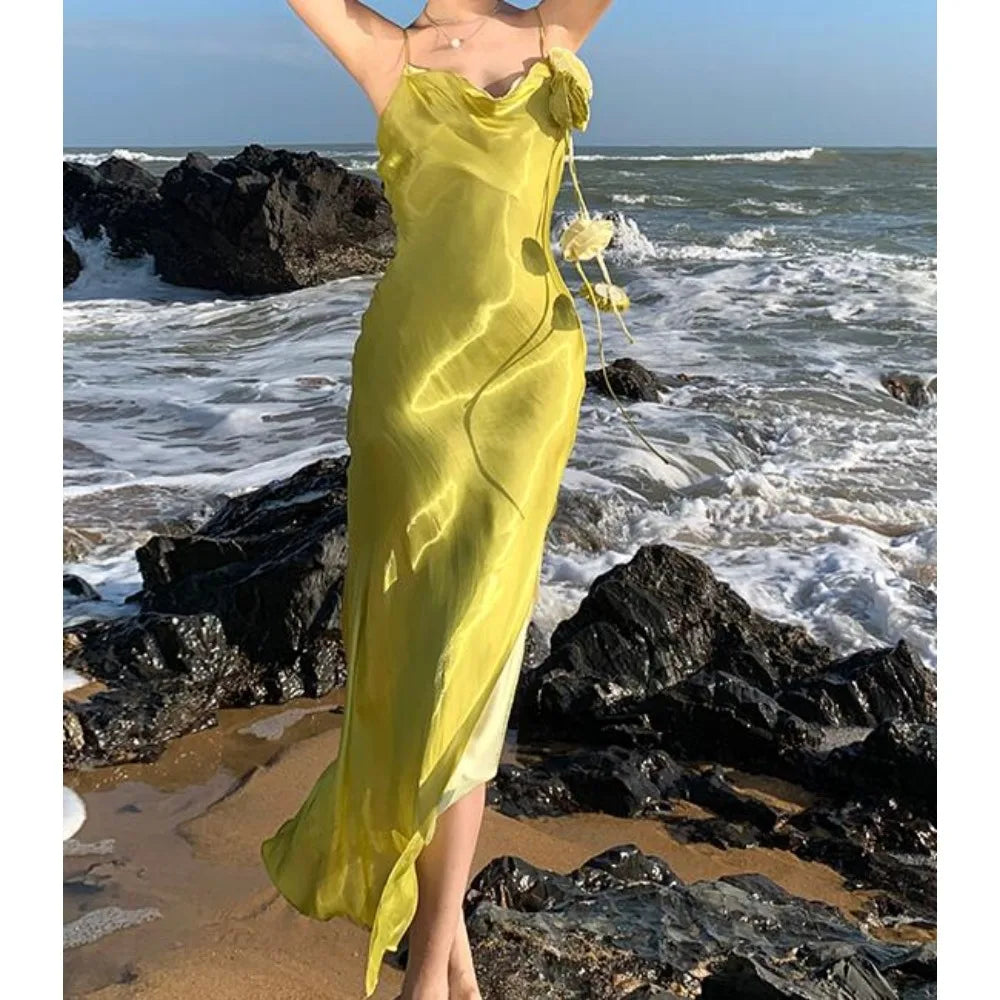3D Flower Split Backless Slip Dress