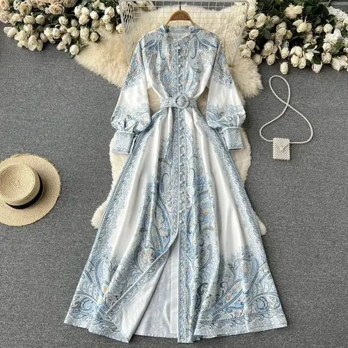 Belted Lantern Sleeve Maxi Shirt Dress