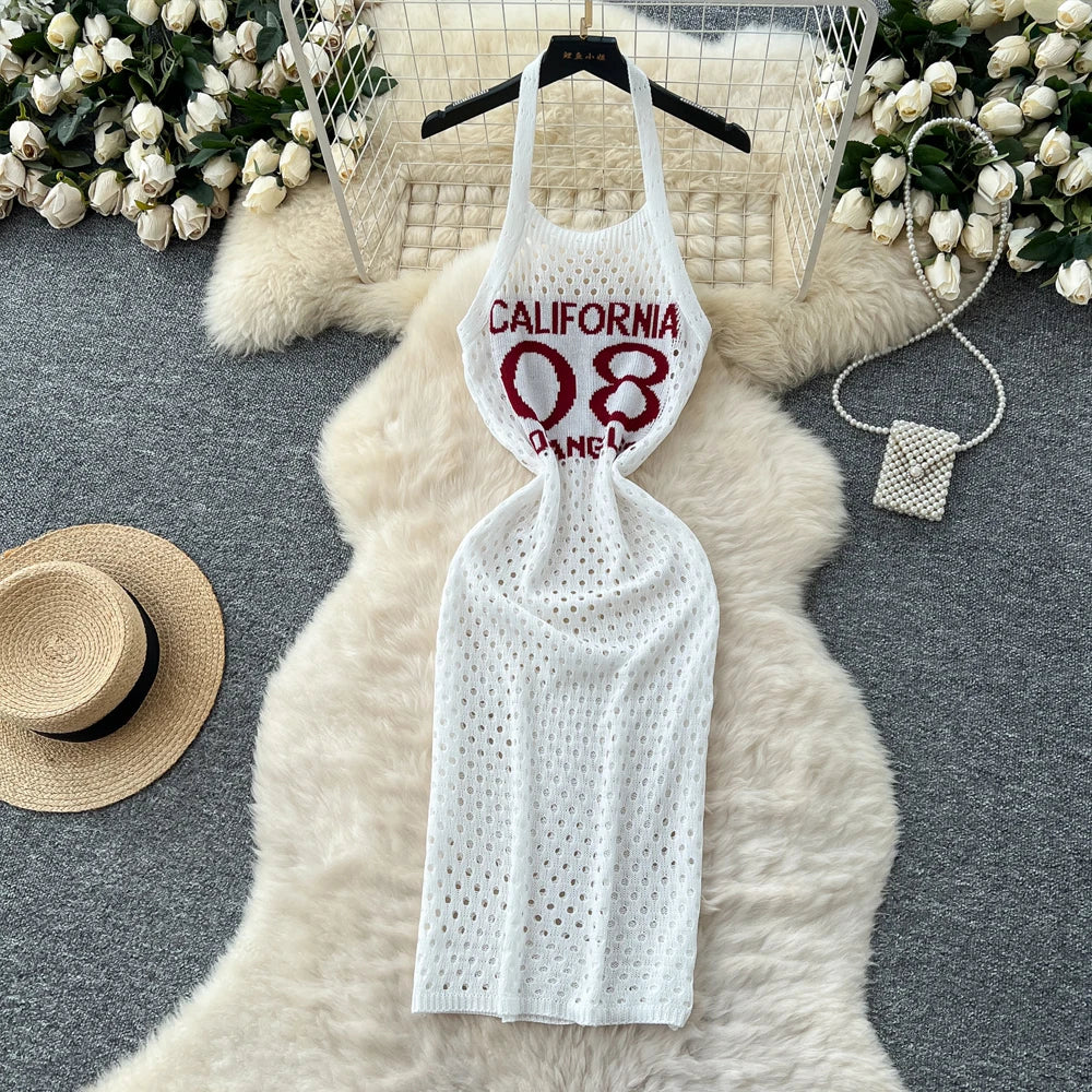 Letter Print Halter Knit Beach Dress