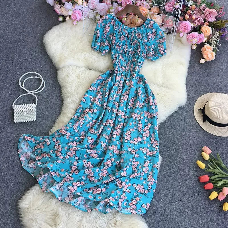 Vintage Floral Elastic Waist A-Line Maxi Dress