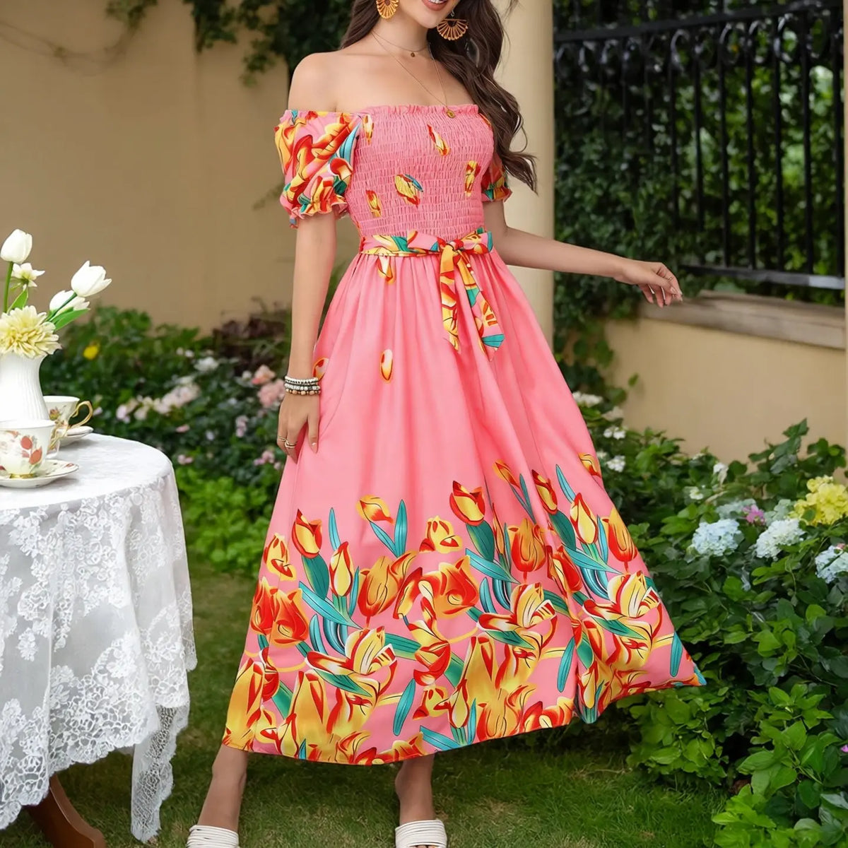 Floral Belted A-Line Maxi Dress