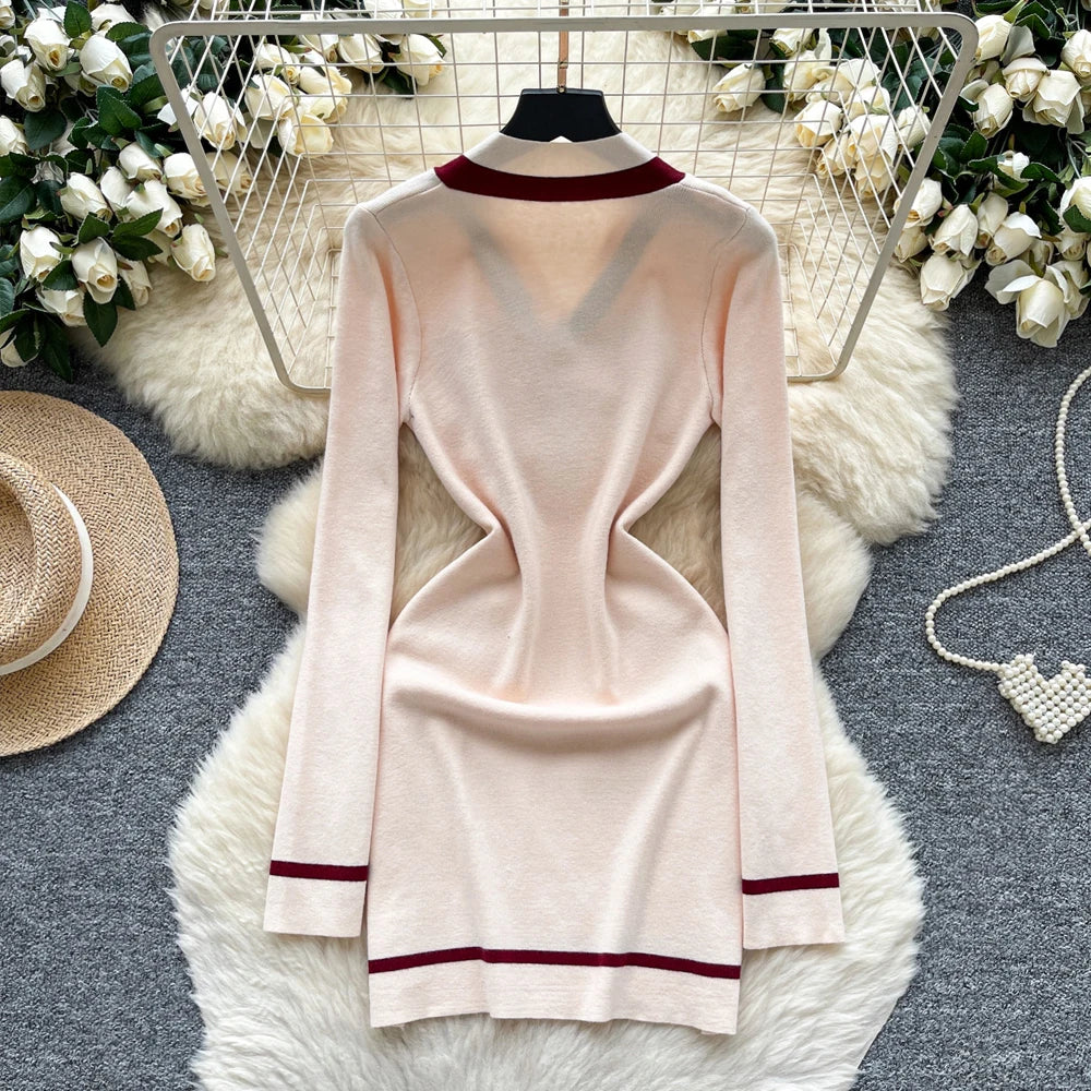 Vintage Bow V-Neck Knit Mini Dress
