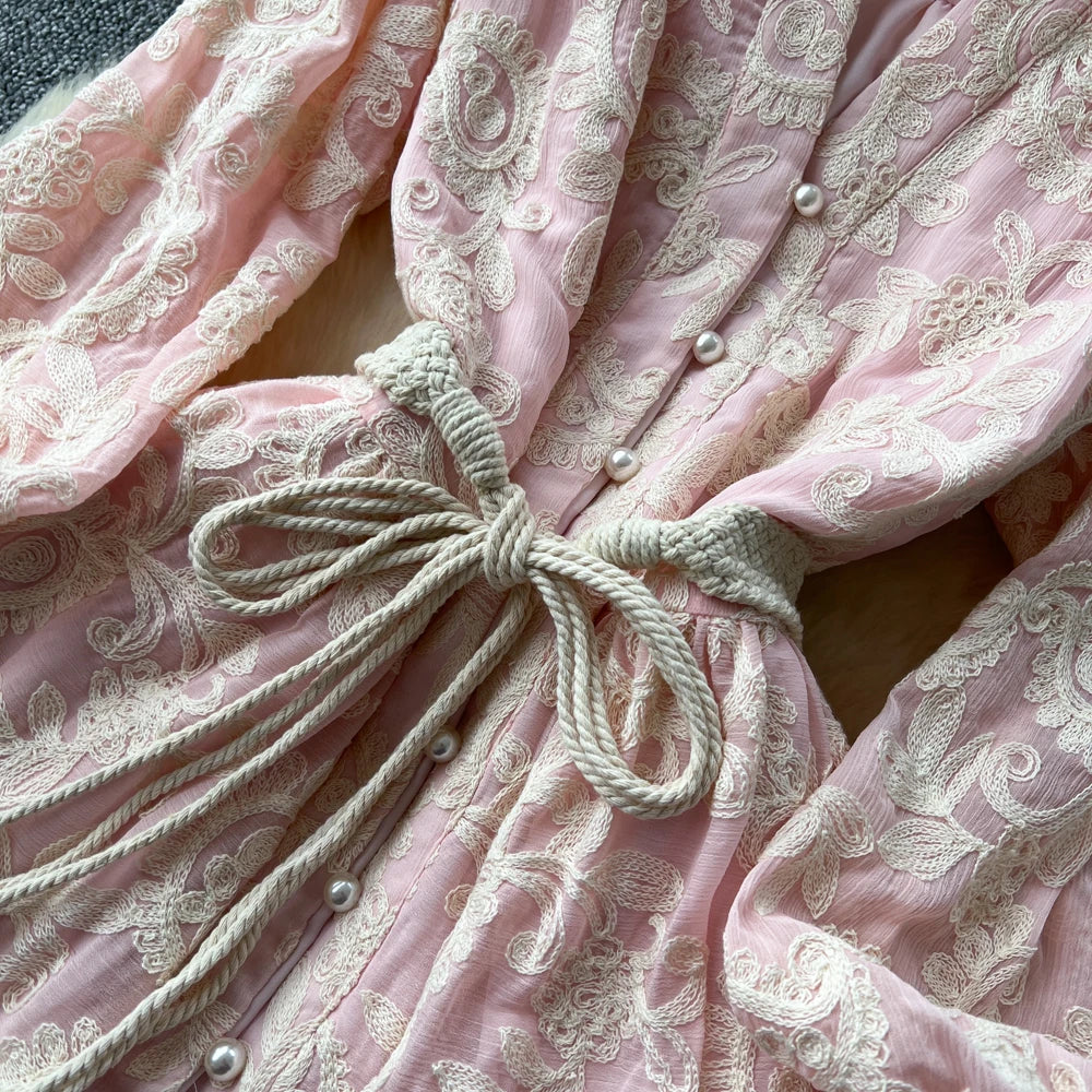 Embroidered V-Neck Long Sleeve Maxi Dress
