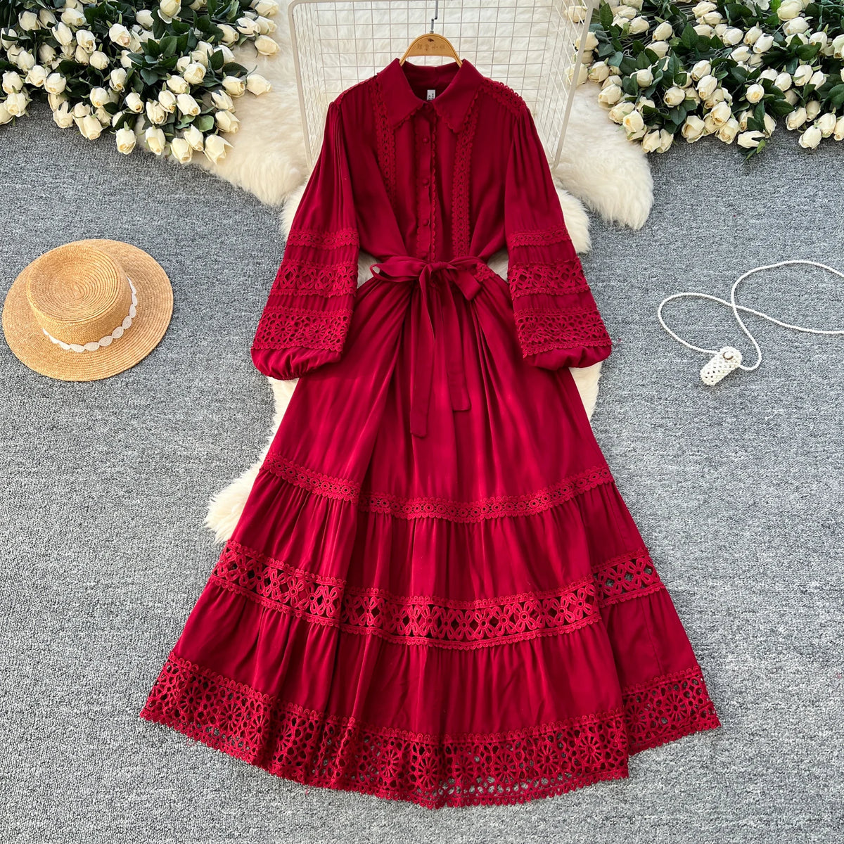 Lace-Up Single Breasted Lace Long Dress