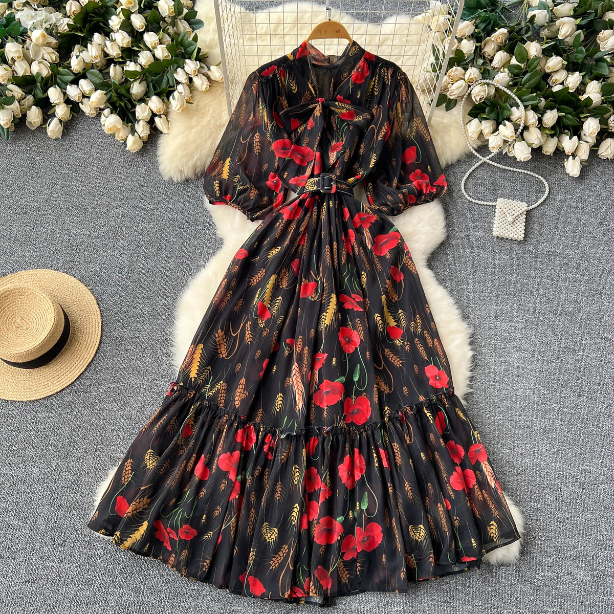 Vintage Print Bow Puff Sleeve Ruffle Dress