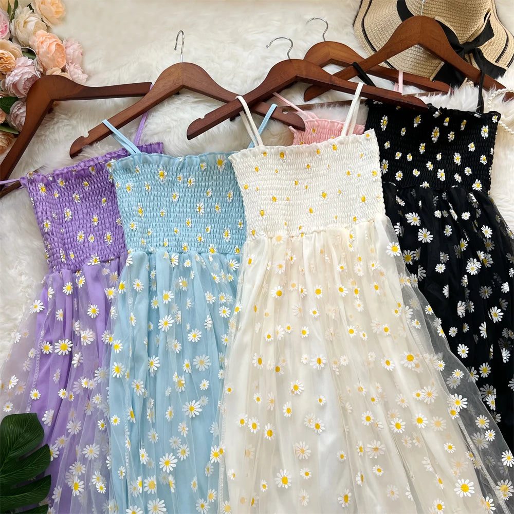Daisy Print Layered Mesh Maxi Dress