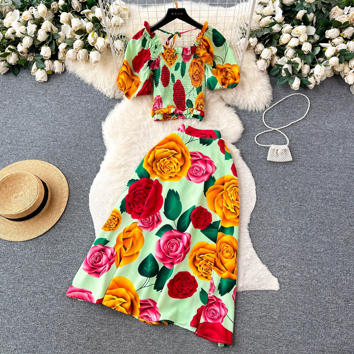 Floral Crop Top And Split Skirt Set