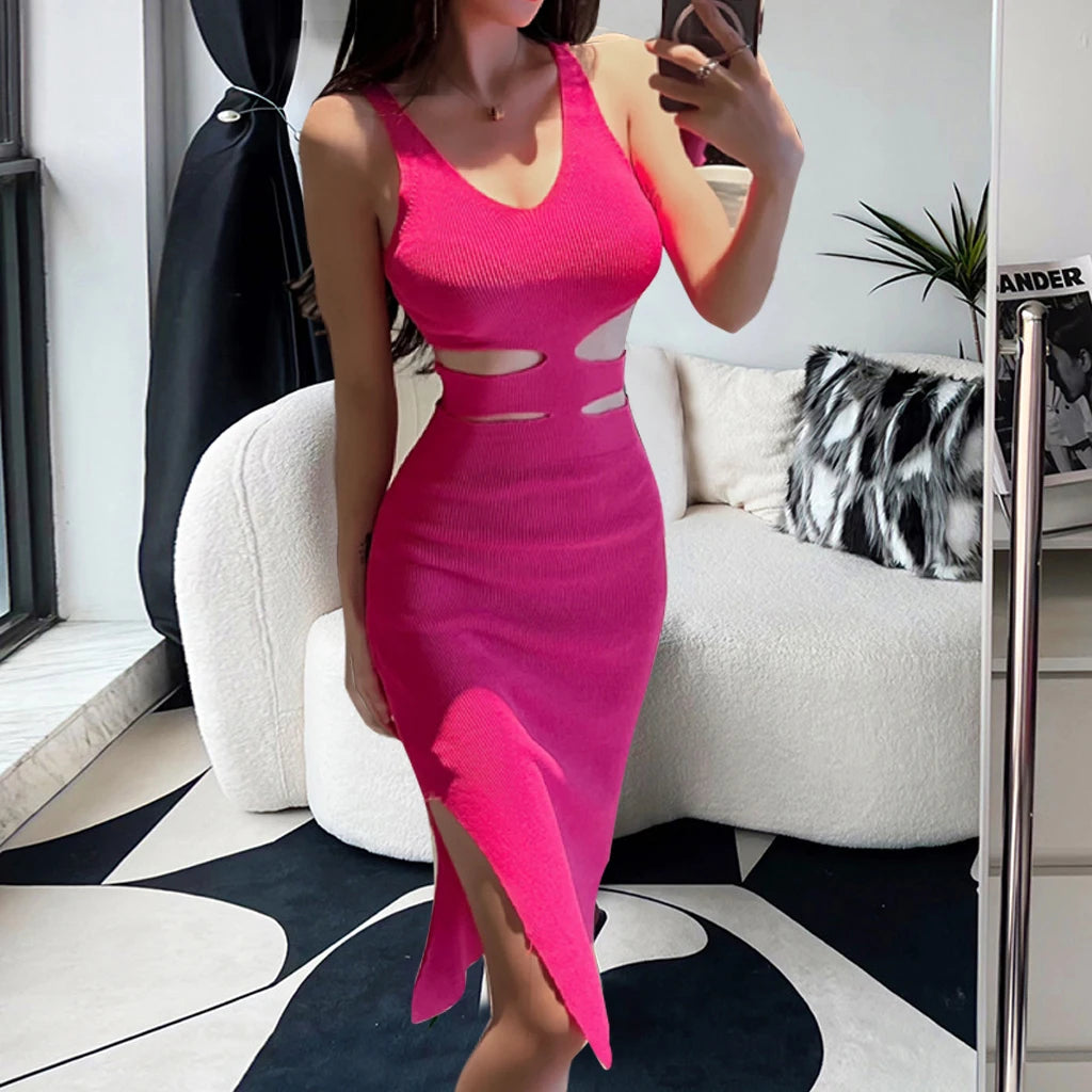 Cutout Waist Split Knit Maxi Dress