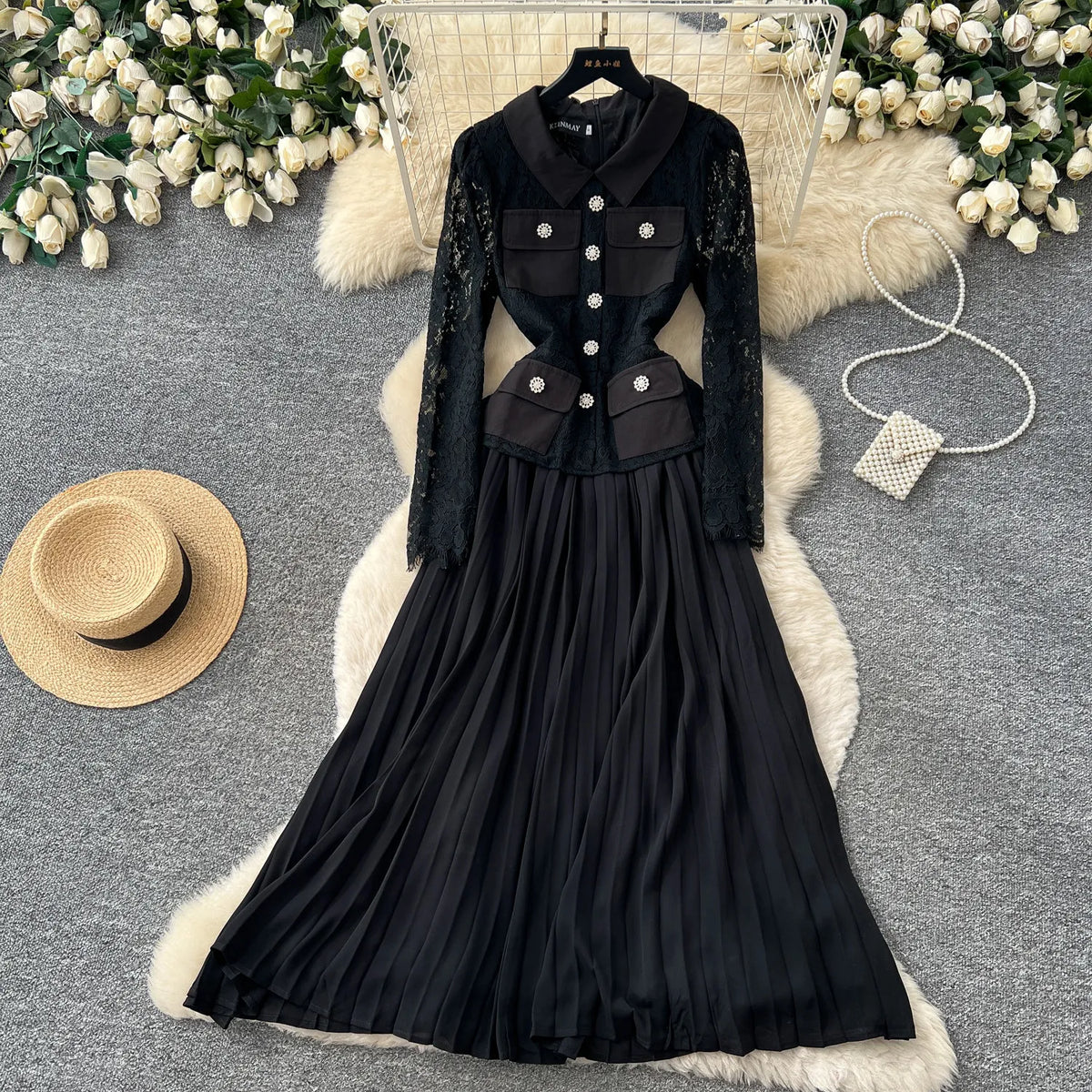 Lace Panel Collared Lantern Sleeve Maxi Dress