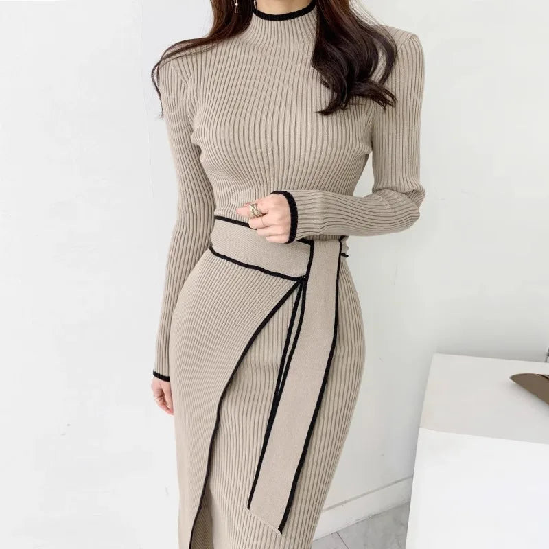 Lace-Up Turtleneck Rib Knit Maxi Dress