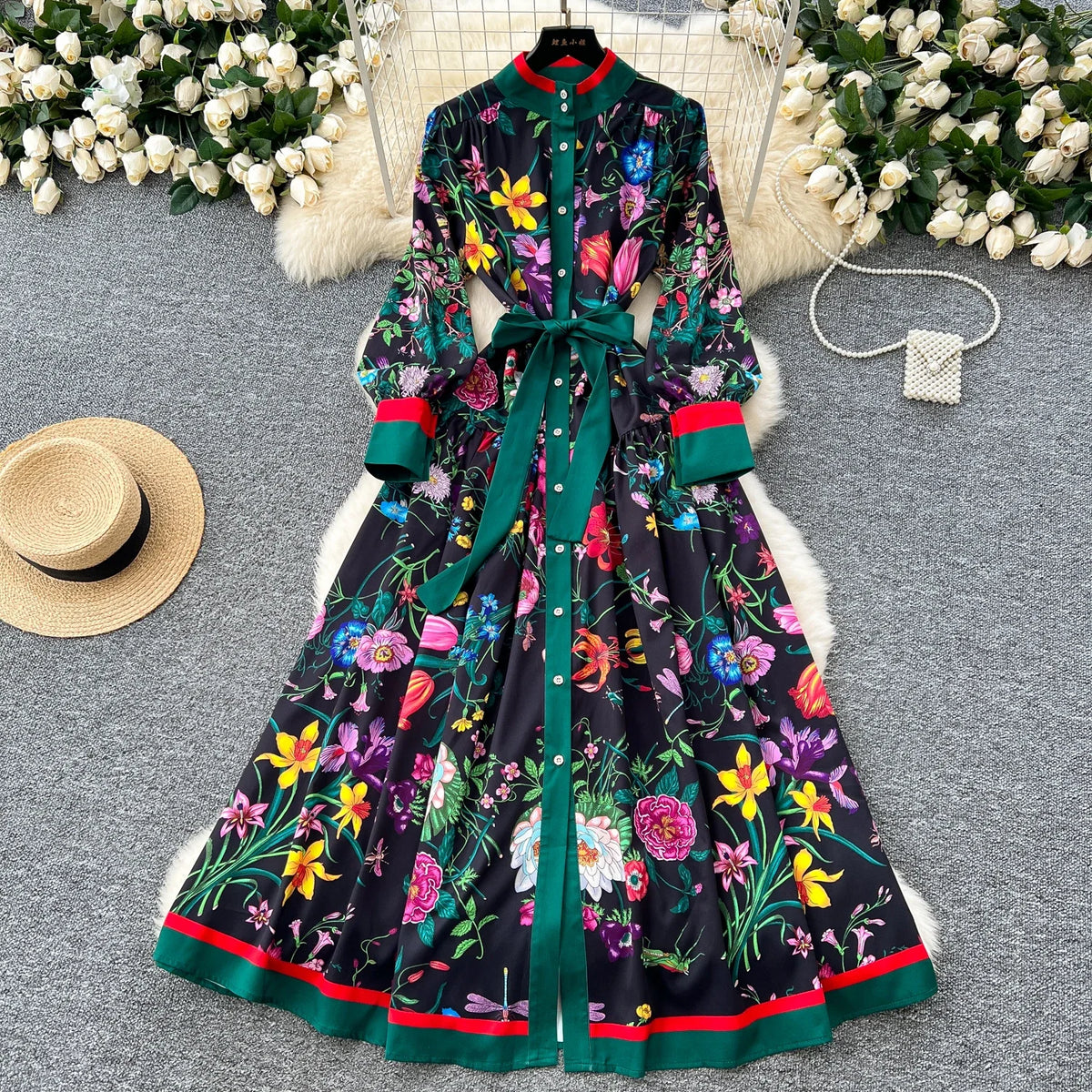 Stand Collar Print Button Front Maxi Dress