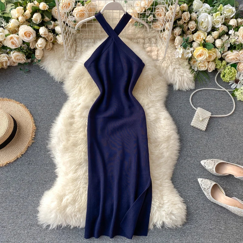 Halter Criss-Cross Backless Knit Dress