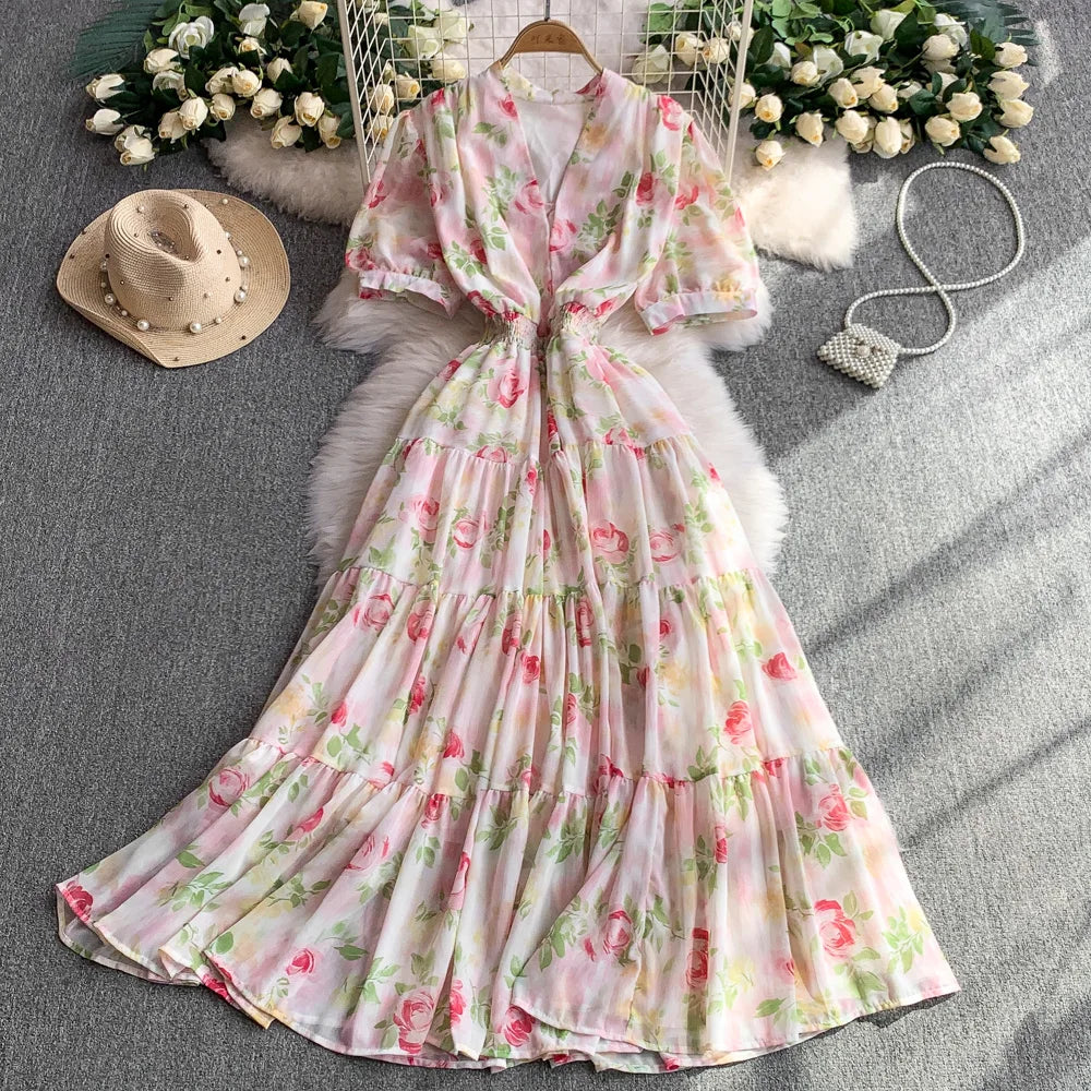 Print Ruffle V-Neck A-Line Dress