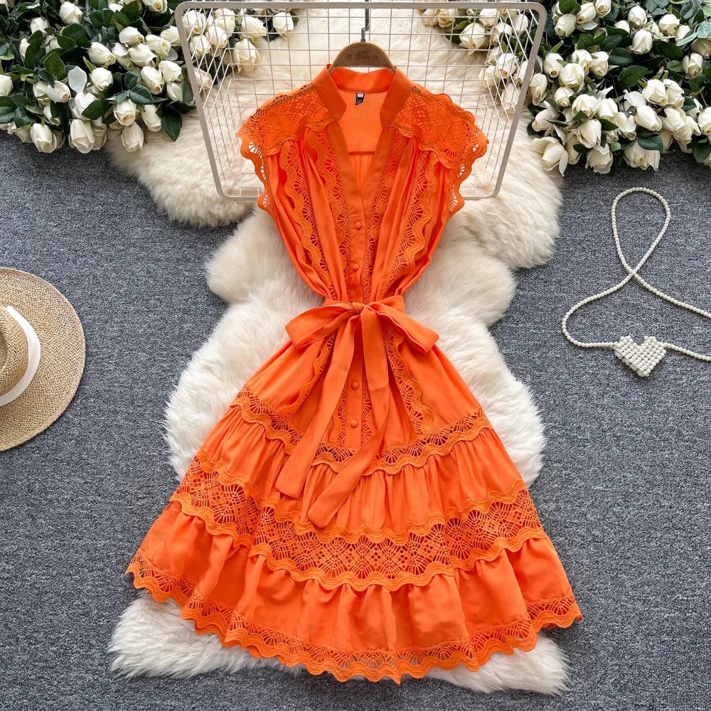 Lace-Up Cutout Sleeveless Beach Dress
