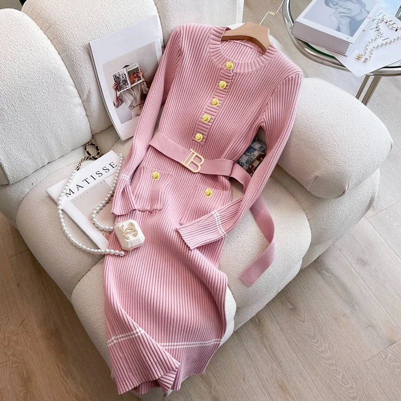 Belted Button Knit Bodycon Sweater Dress