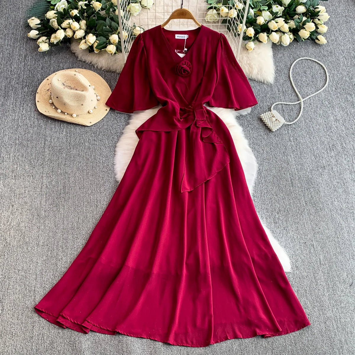 Short Sleeve V-Neck A-Line Dress