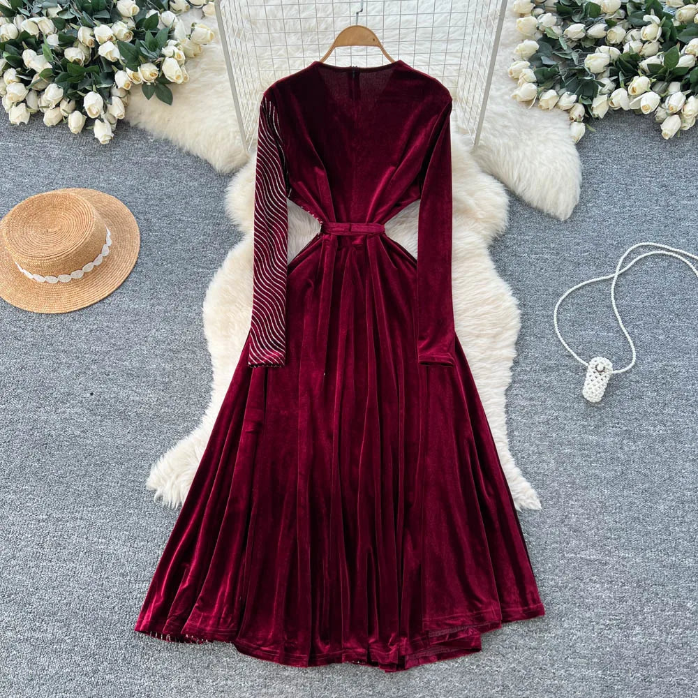 Velvet V-Neck Long Sleeve Dress