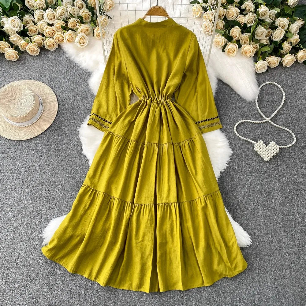 Embroidered Lace-Up A-Line Beach Dress