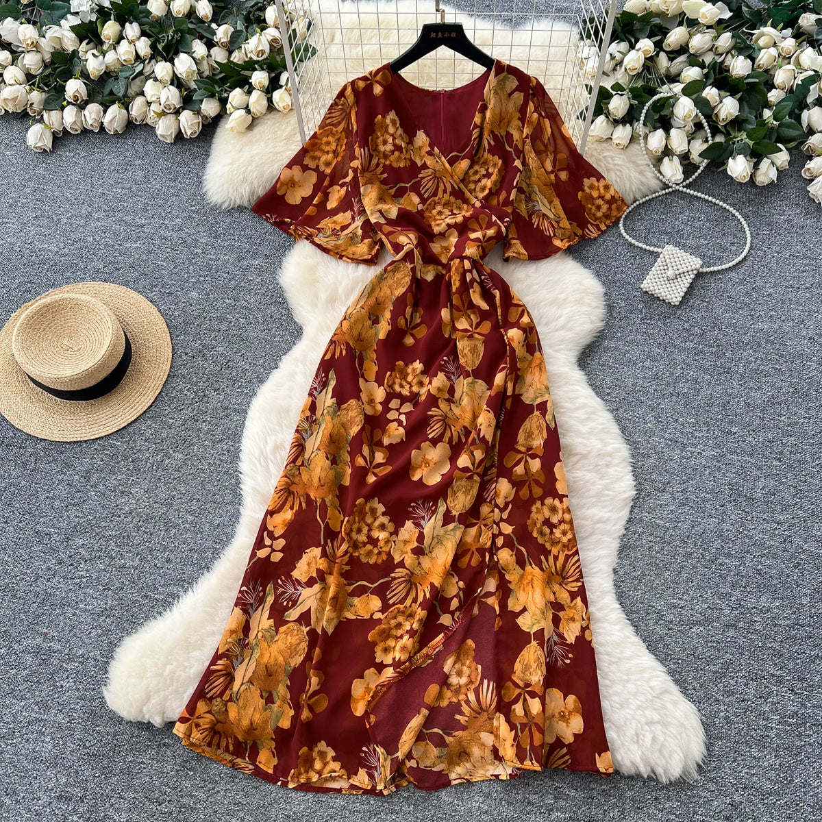 Split V-Neck Short Sleeve Boho Dress