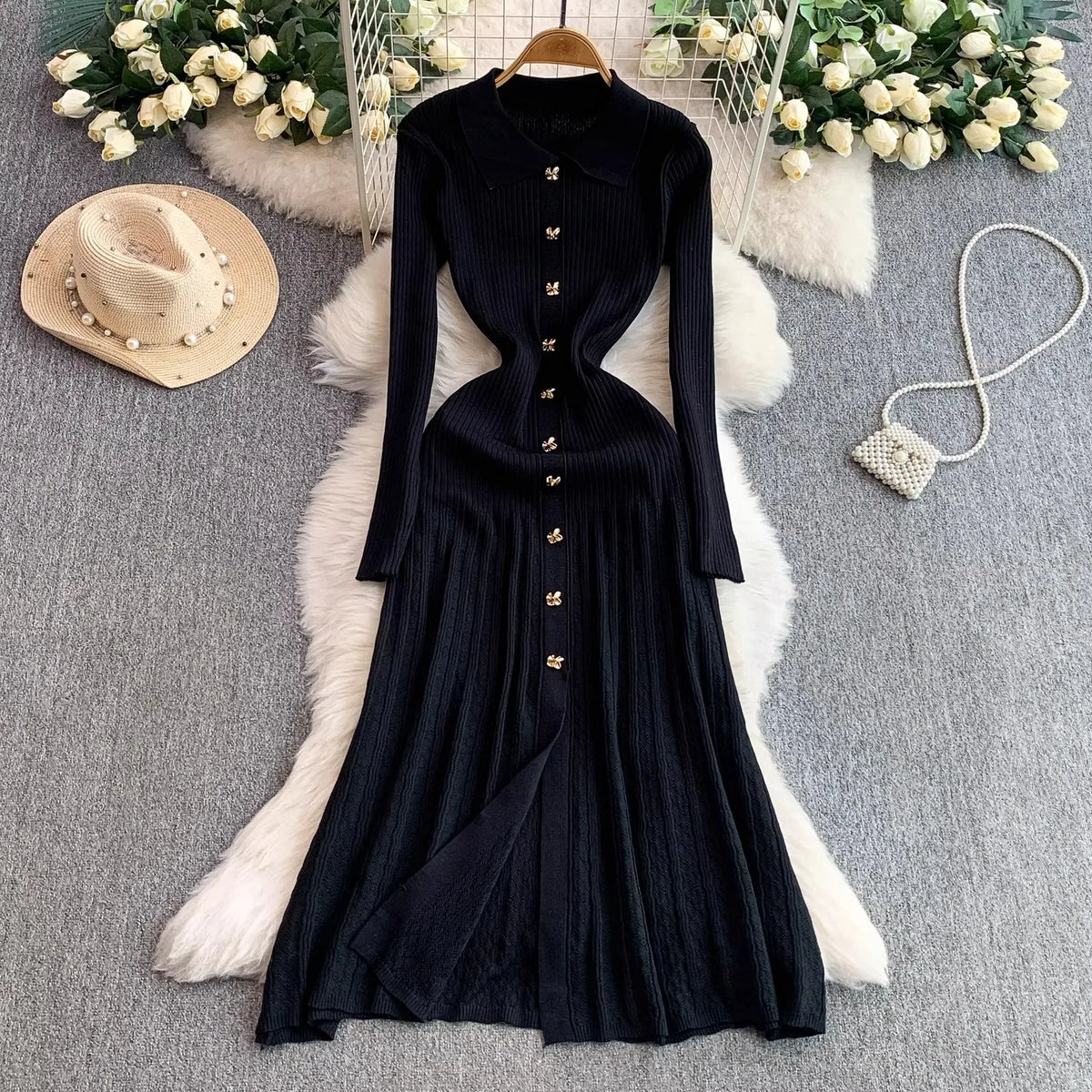 Vintage Collared Maxi Sweater Dress