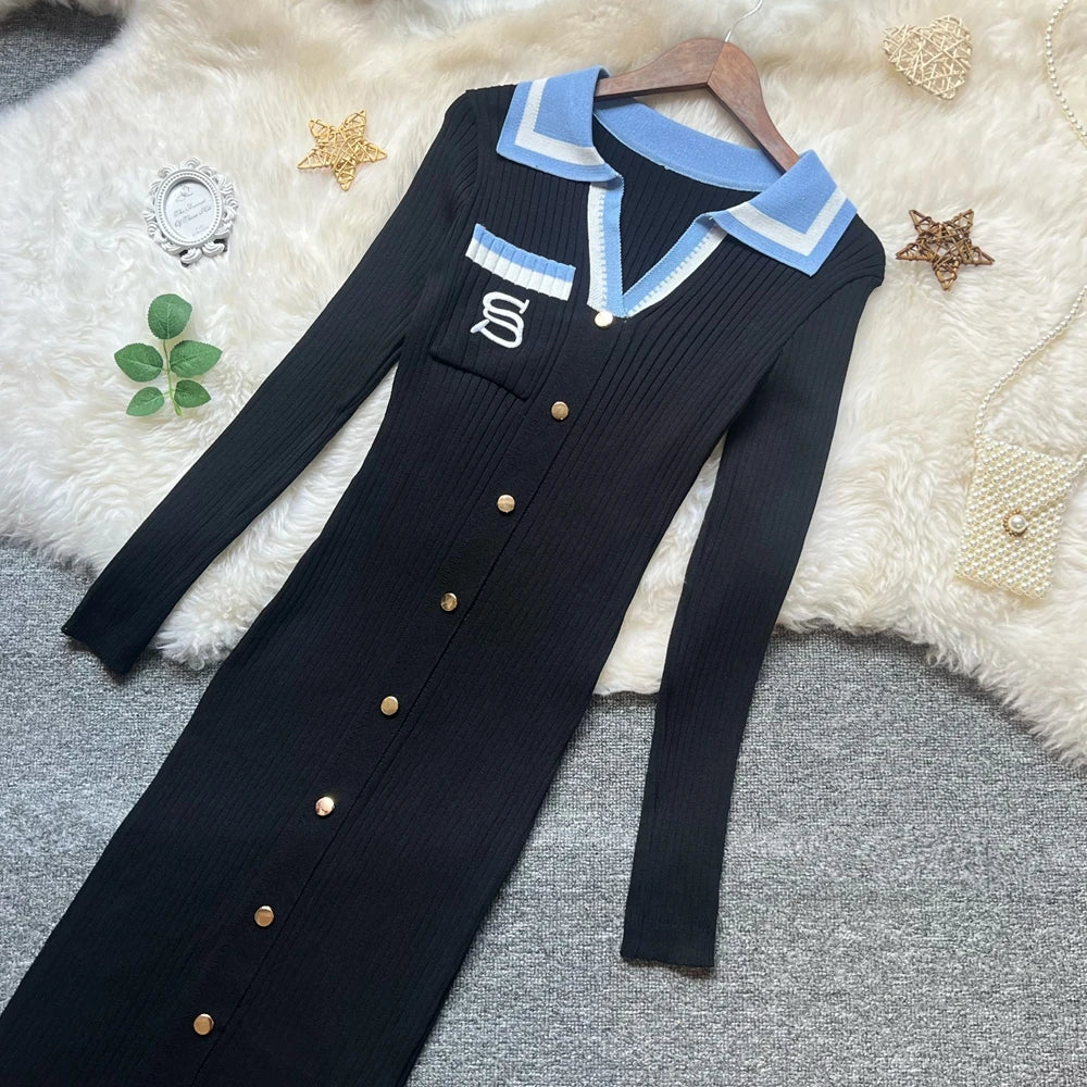 Embroidered Long Sleeve Knit Maxi Sweater Dress