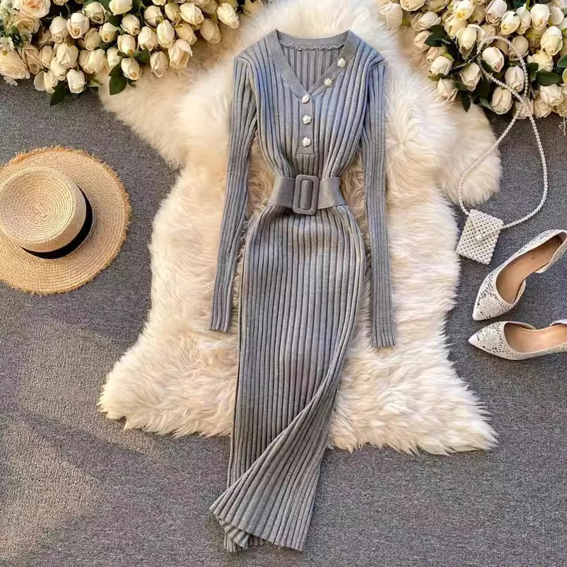 Belted Ribbed V-Neck Knit Sweater Dress