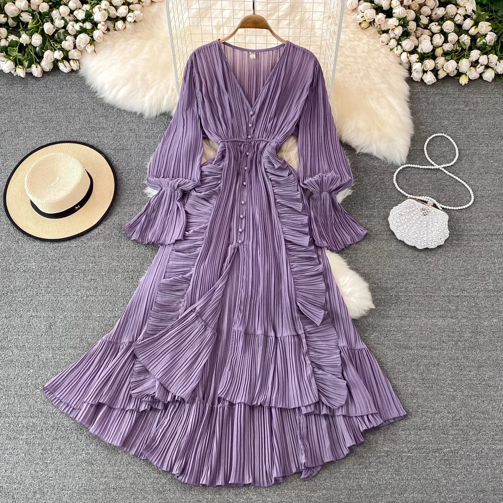 Ruffle V-Neck Long Sleeve A-Line Maxi Dress