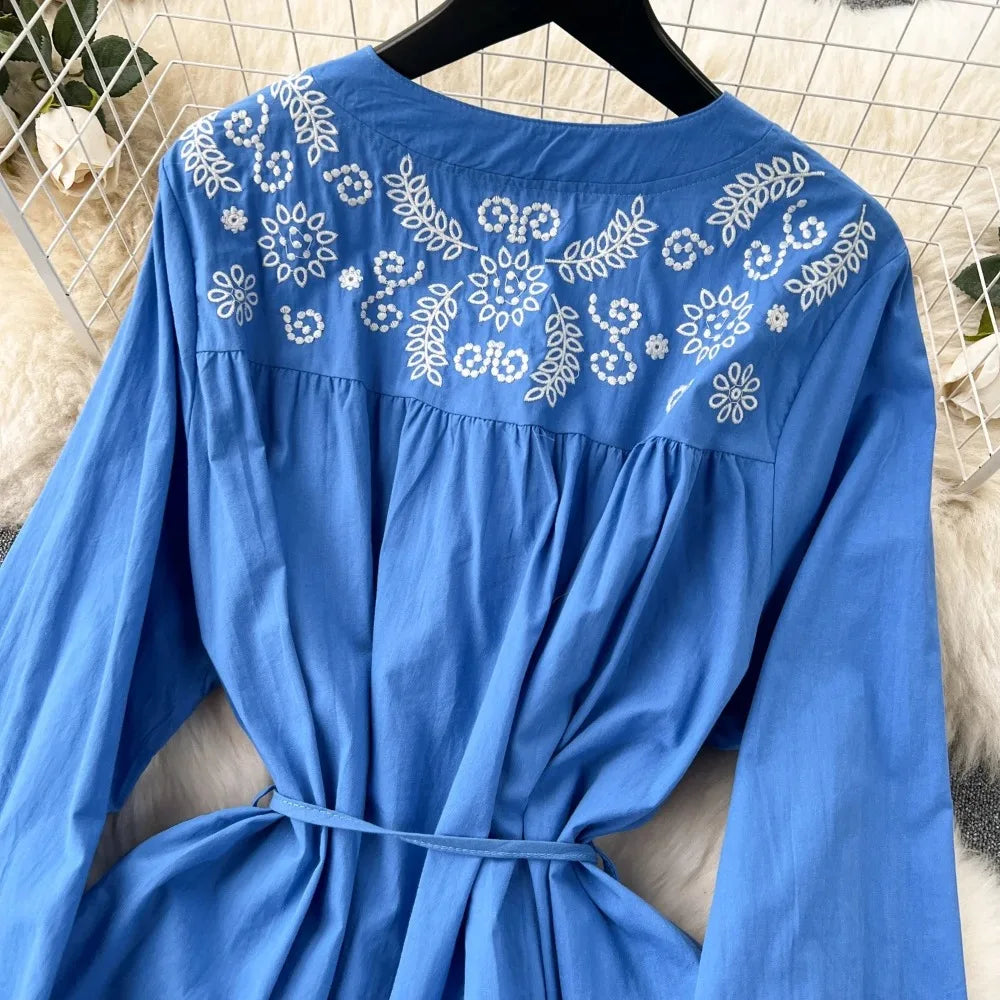 Embroidered V-Neck Boho A-Line Dress