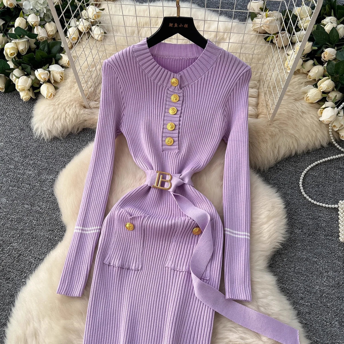 Ribbed Button Knit Maxi Dress