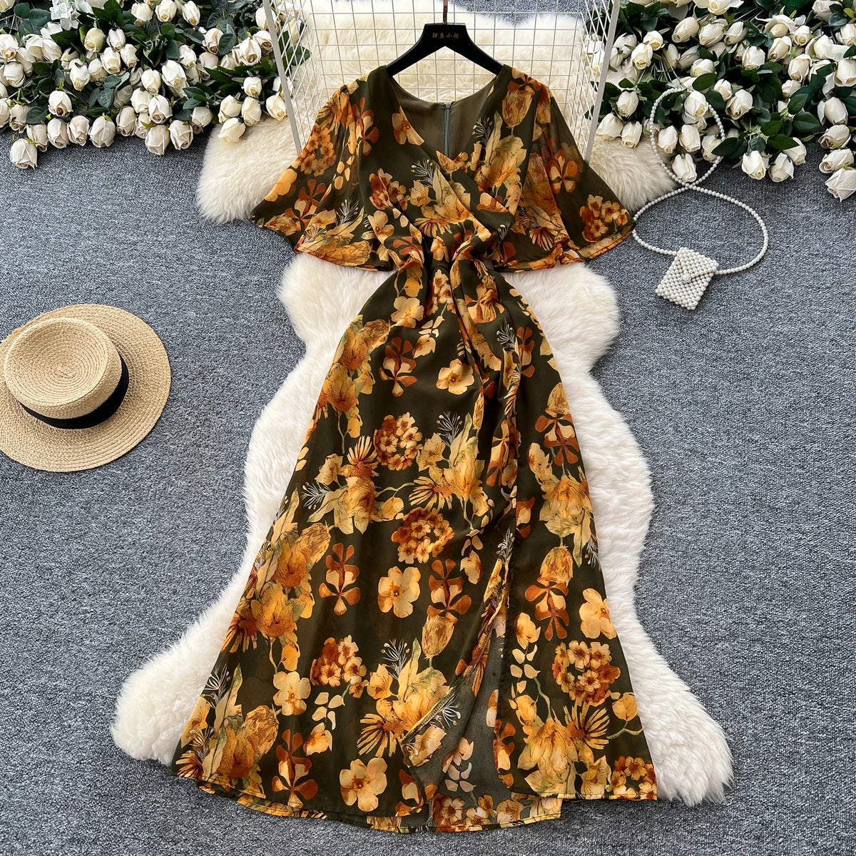 Split V-Neck Short Sleeve Boho Dress