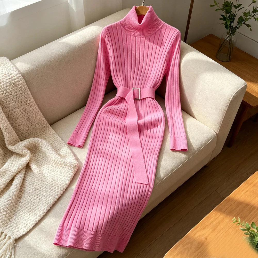 Turtleneck Long Sleeve Knit Bodycon Sweater Dress