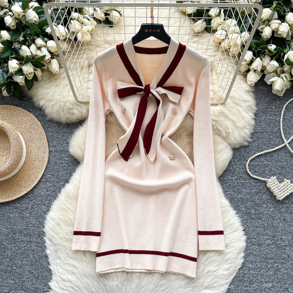 Vintage Bow V-Neck Knit Mini Dress