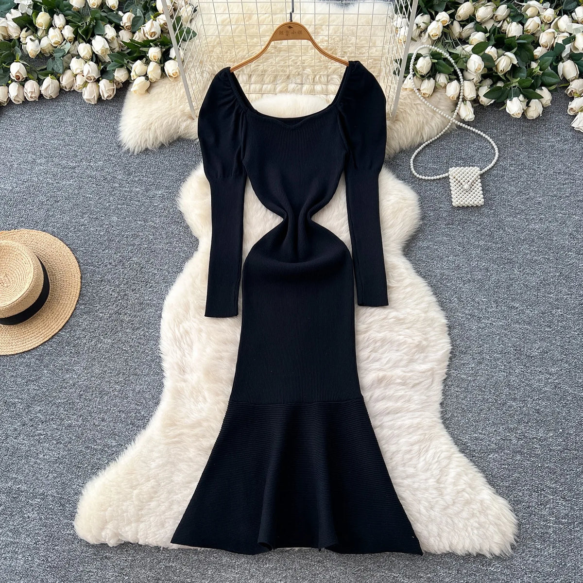 Puff Sleeve Knit Mermaid Maxi Dress