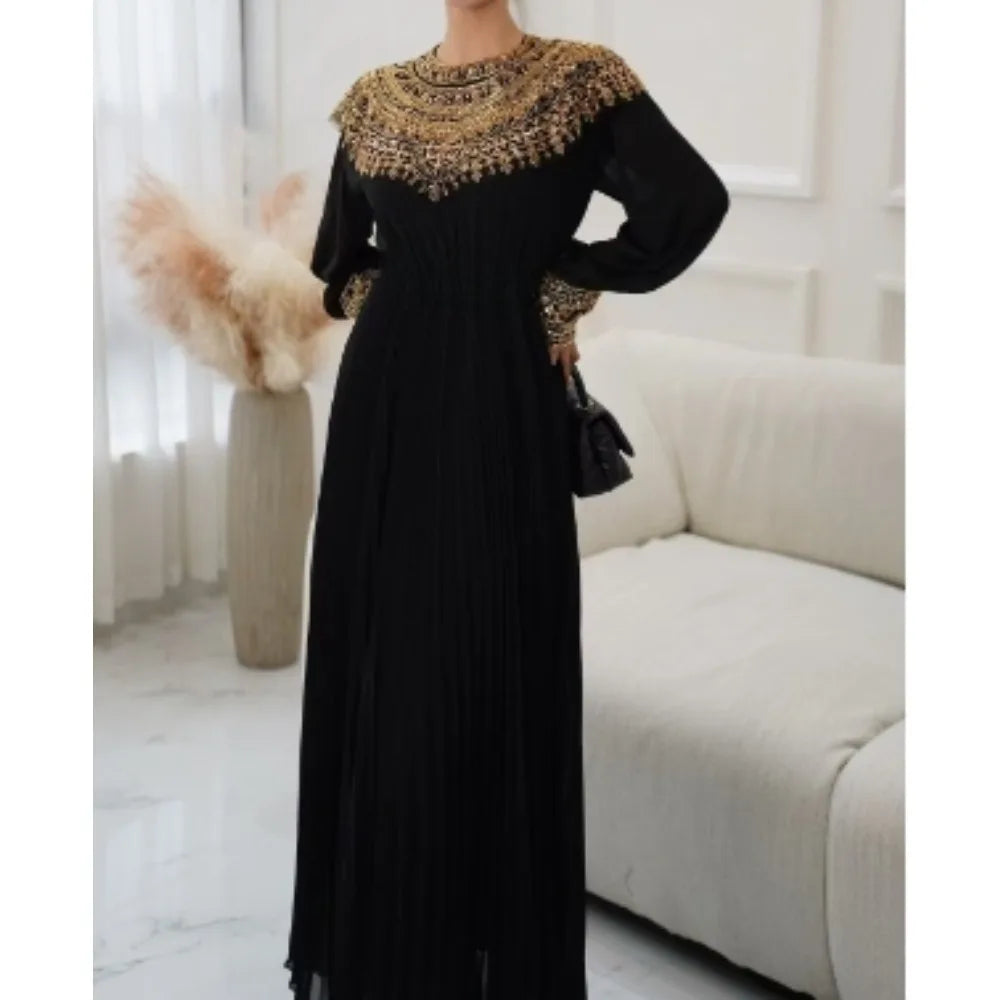 Floral Embroidered Beaded Pleated Dress