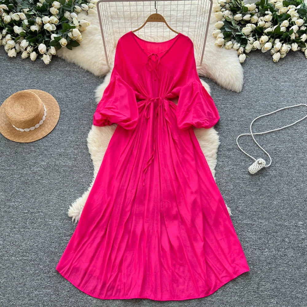 Ruched Lantern Sleeve V-Neck Maxi Dress