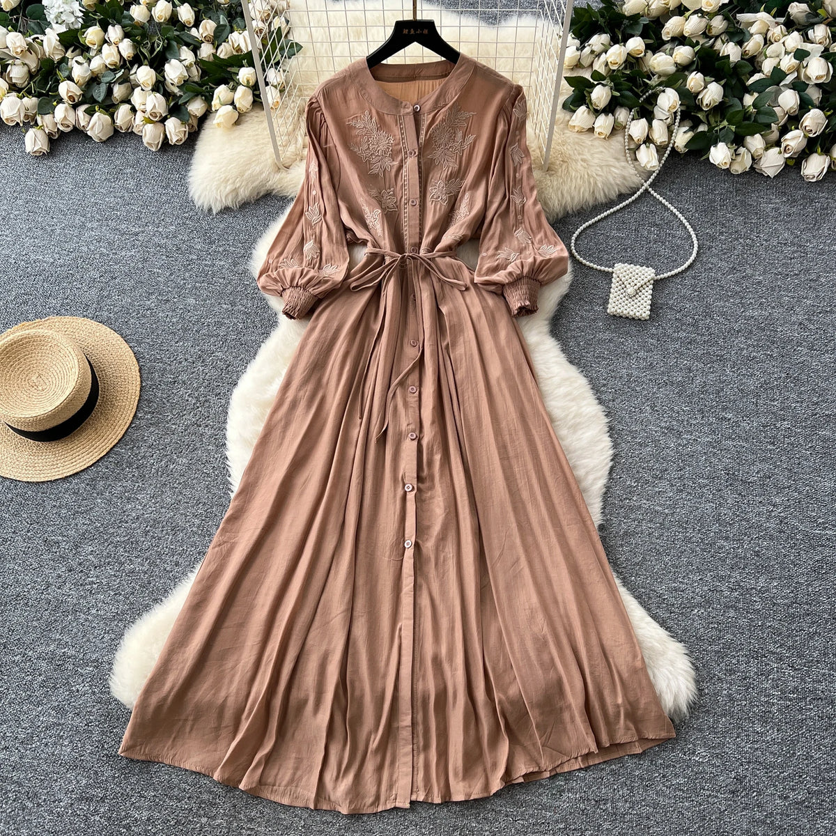 Embroidered Button A-Line Summer Dress