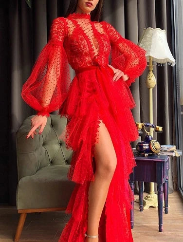 Sheer Mesh Long Sleeve Tiered A-Line Dress