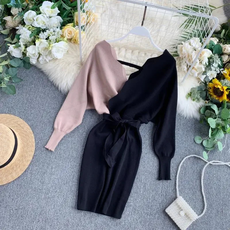 Batwing Sleeve Patchwork Knit Mini Dress