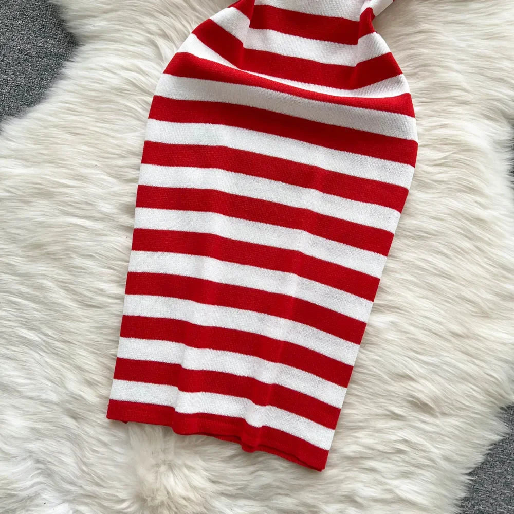 Embroidered Striped Knit Strappy Mini Dress