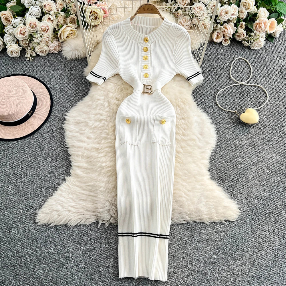 Belted Knit Pencil Maxi Dress
