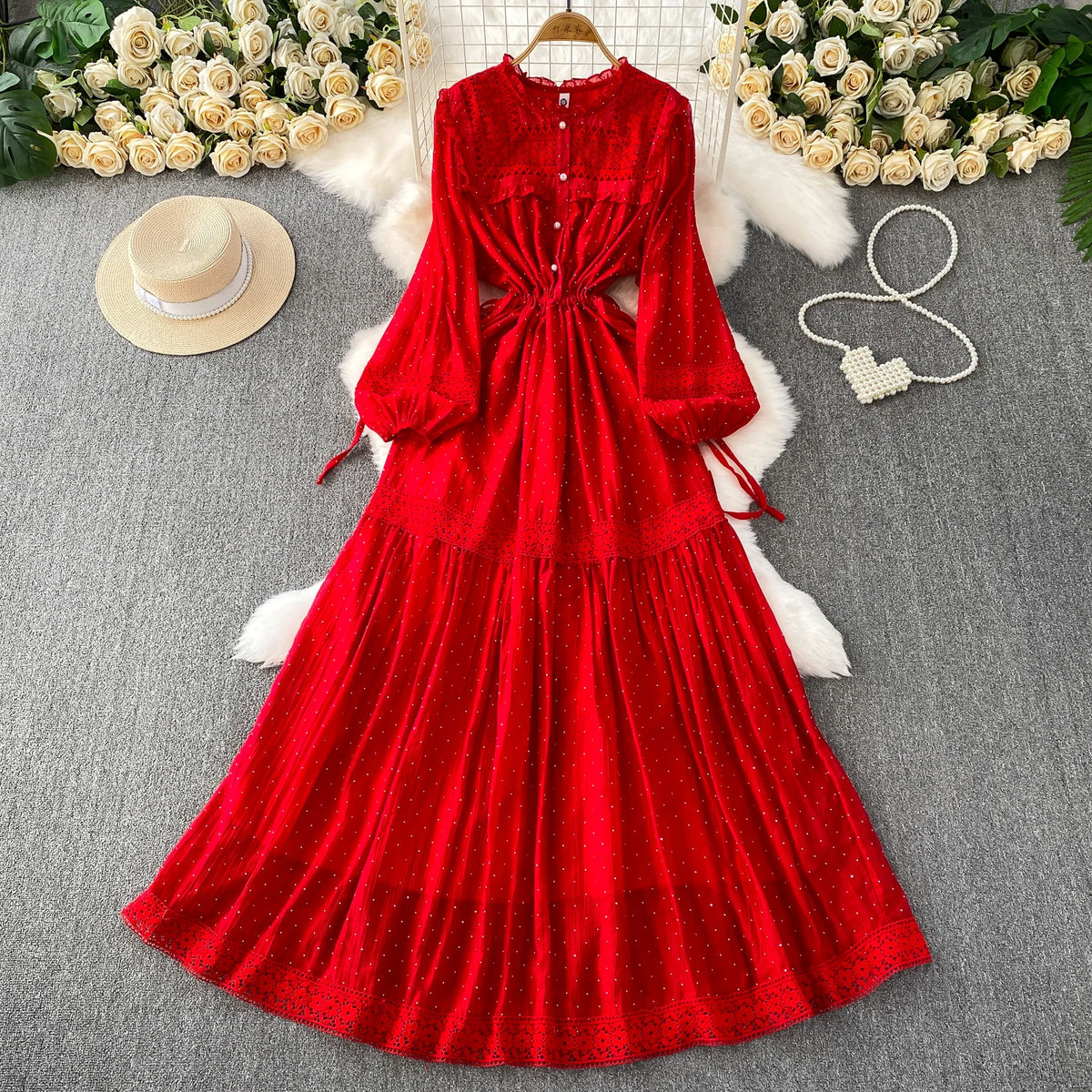 Rhinestone Lace Ruched Boho Long Dress